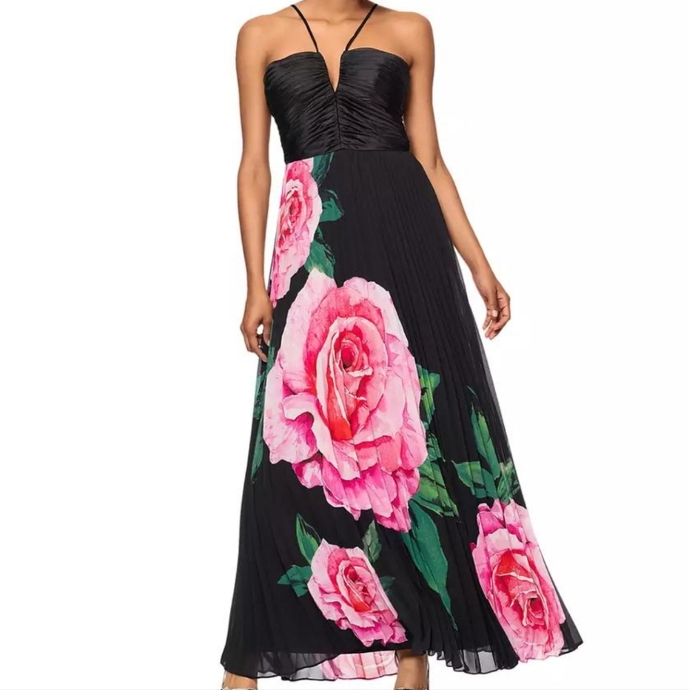 Xscape Strapless Black and Pink Floral Dress